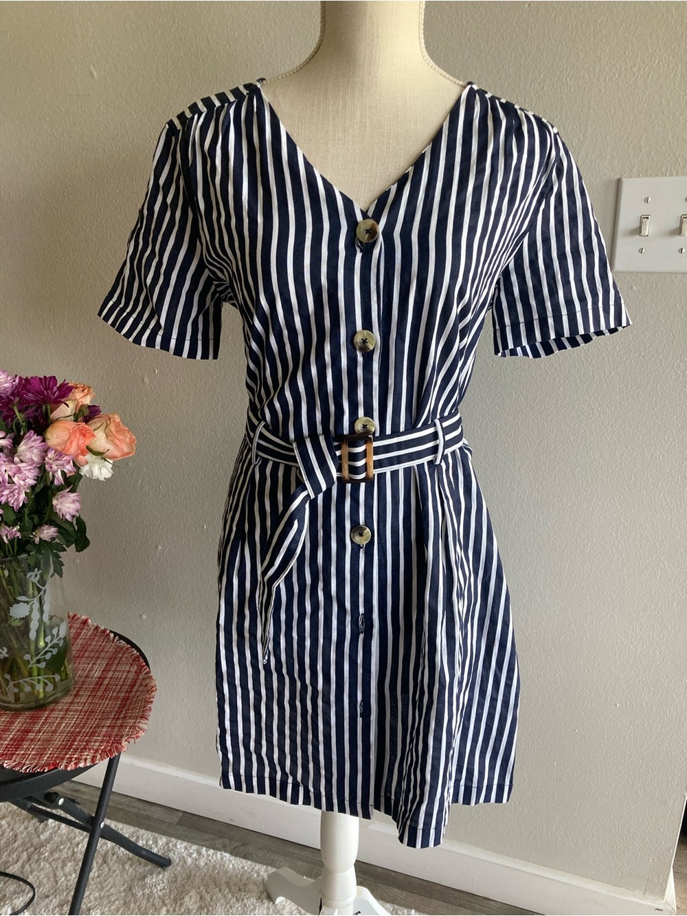 Mango Navy and White Striped Button-Front Belted Mini Dress
